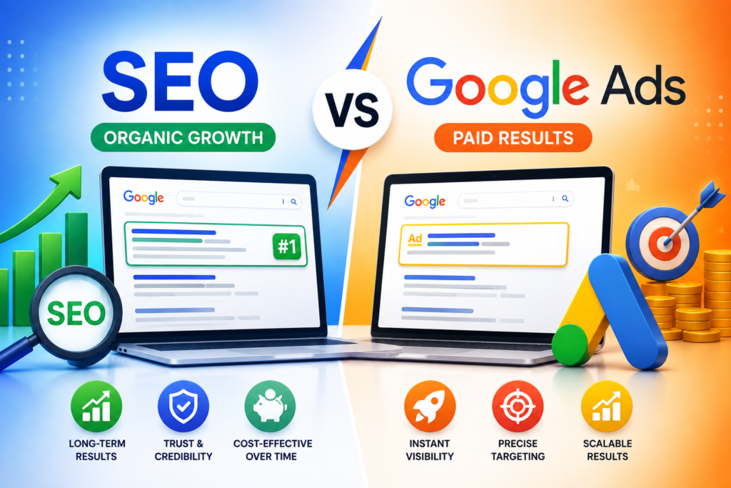 SEO vs Google Ads comparison showing organic search results next to paid search ads