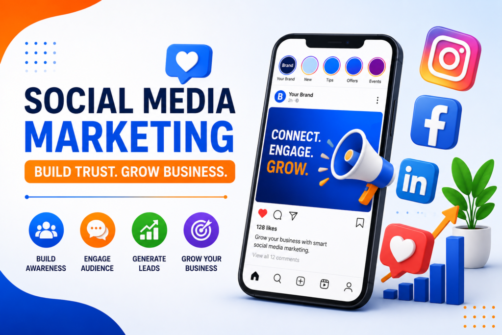 Social media marketing strategy for a small business in Hyderabad shown on a phone screen