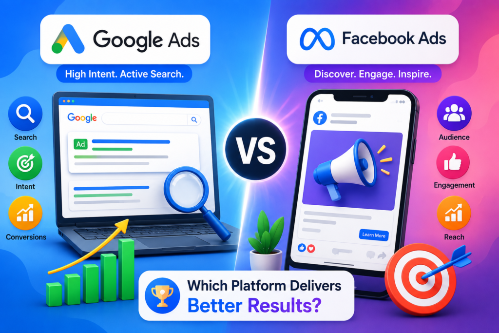 Google Ads vs. Facebook Ads comparison showing search ads and social media ads side by side