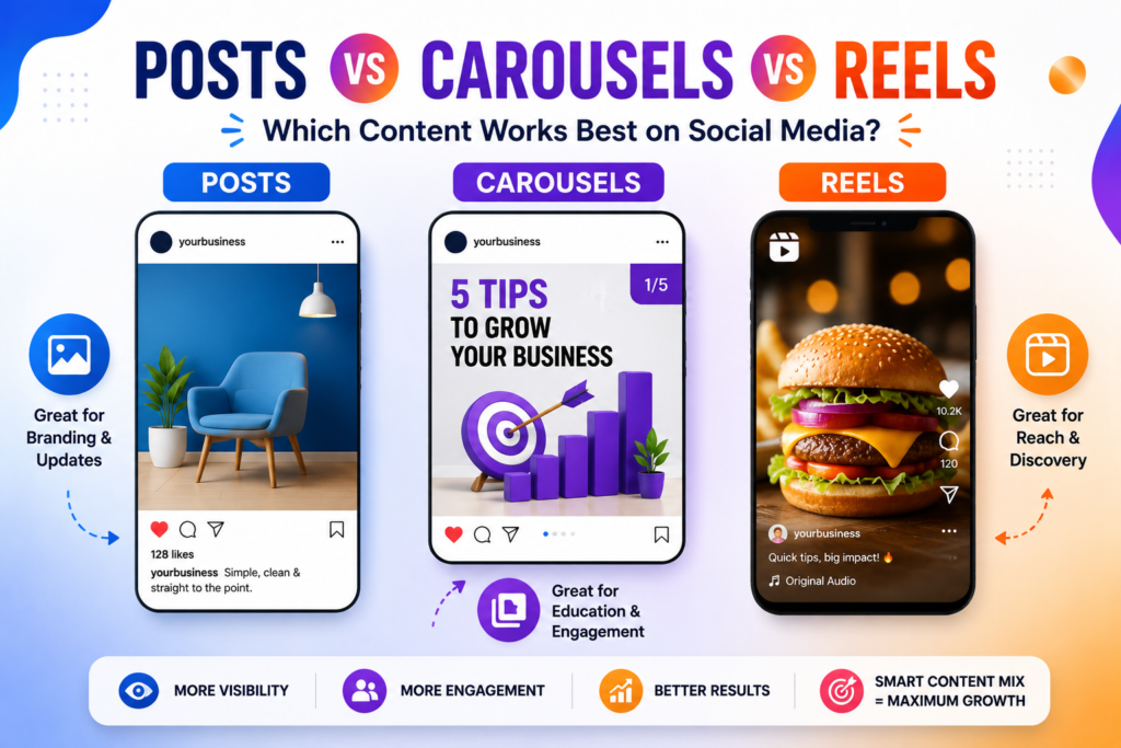Posts vs Reels comparison showing Instagram content formats for business growth