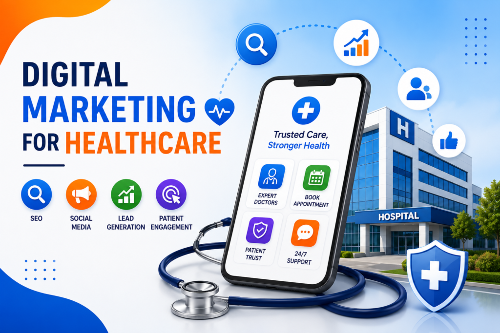 Digital marketing for hospitals shown on a healthcare website with patient appointment booking