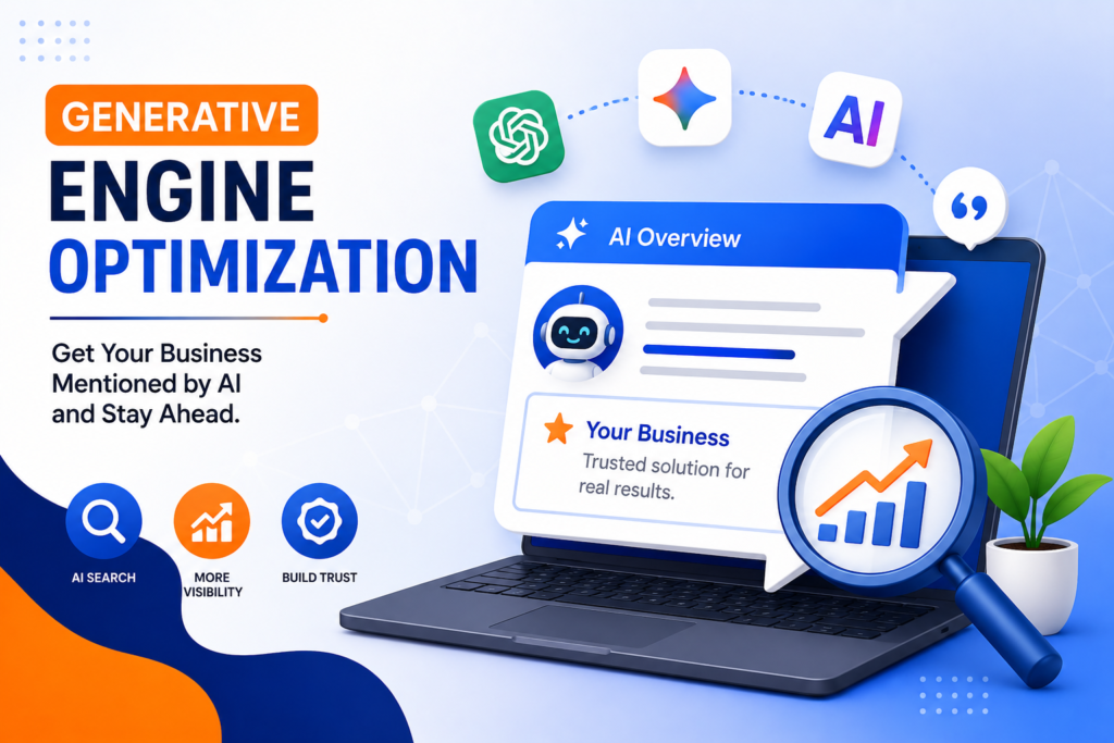 Generative Engine Optimization illustration showing AI search visibility for businesses